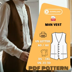 Puede incluir: Un chaleco marrón con botones sobre una camisa blanca. La imagen incluye un gráfico de patrón PDF con el texto "MAN VEST", opciones de tamaño y "PDF PATTERN".