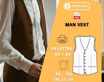 Men's Classic Lined Vest Sewing Pattern: Waistcoat with Pockets Retro PDF