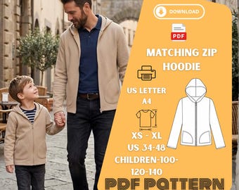 Matching Zip Hoodie Sewing Pattern PDF XS XL Adults Children Hoodie Pattern