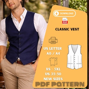 Naaipatroon klassiek vest heren pdf getailleerd gilet XS 5XL Amerikaanse maten