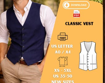 Mens Classic Vest Sewing Pattern PDF Tailored Waistcoat XS 5XL US Sizes