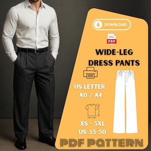 Puede incluir: Una persona con una camisa blanca a rayas y pantalones de vestir de pierna ancha de color gris oscuro. La imagen incluye un gráfico con el texto "WIDE-LEG DRESS PANTS" e información de tallas para XS-5XL y US 35-50. El gráfico también indica un patrón PDF.