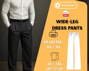 Naaipatroon wijde pijpen broek heren (pdf): XS-5XL, A0/US Letter