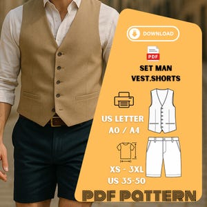 Puede incluir: Un chaleco beige con cinturón marrón y pantalones cortos azul marino. La imagen incluye un gráfico con el texto "SET MAN VEST.SHORTS", "US LETTER", "XS - 3XL" y "US 35-50". El gráfico también muestra un patrón de chaleco y pantalones cortos.