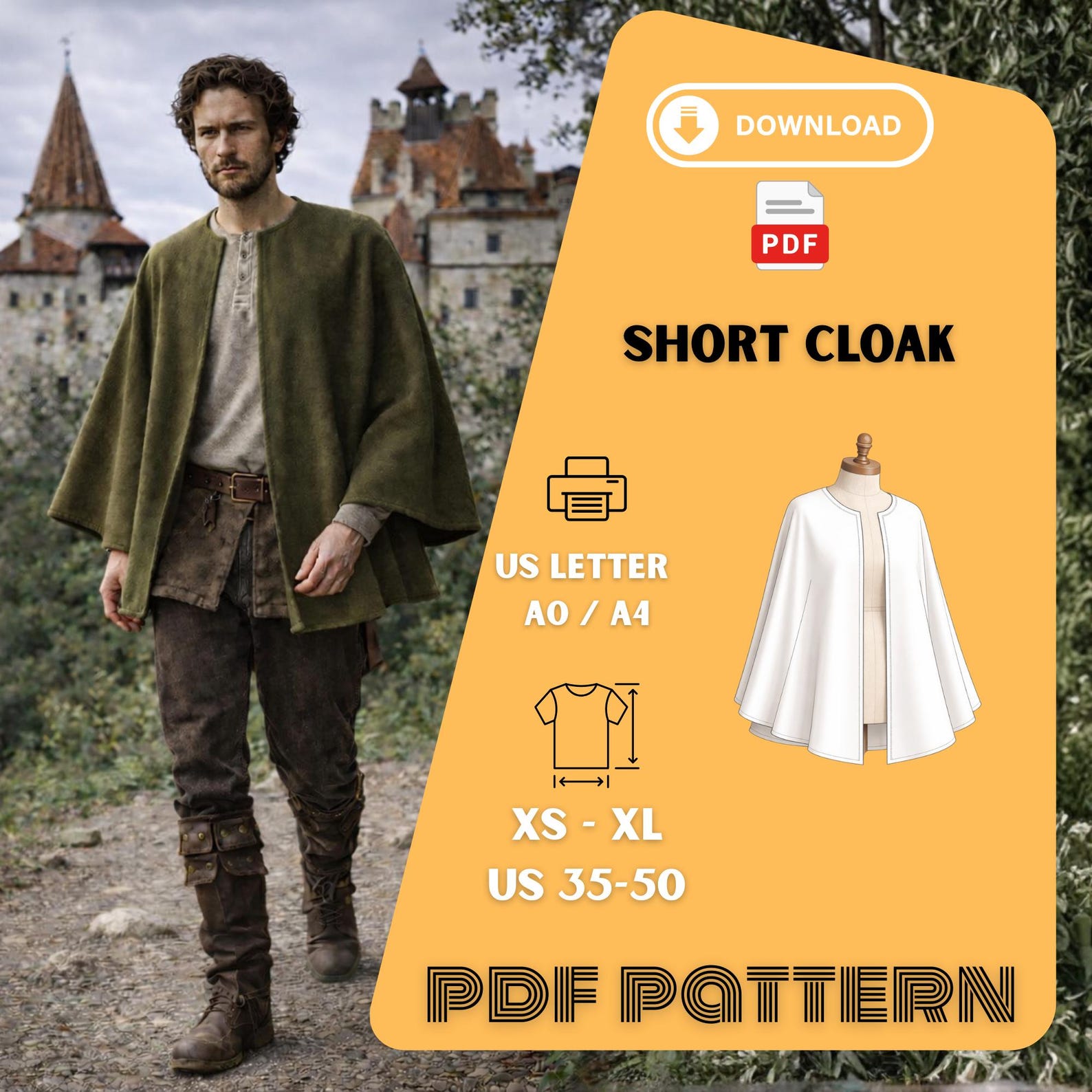 Medieval Short Cloak Sewing Pattern Pdf – Unisex Cape Pattern A0 A4 US ...