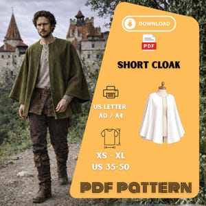 Può includere: Un mantello corto verde oliva con scollo tondo. L'immagine presenta anche un modello PDF per il mantello, con opzioni di taglia da XS a XL e taglie US 35-50. Il testo "SHORT CLOAK" è visualizzato.