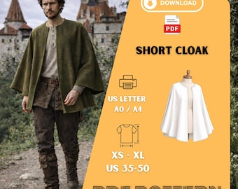 Medieval Short Cloak Sewing Pattern Pdf – Unisex Cape Pattern A0 A4 US Sizes