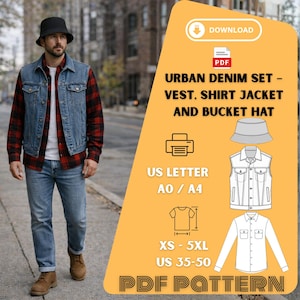 Może przedstawiać: Mężczyzna w czarnym kapeluszu rybackim, dżinsowej kamizelce, czerwonej koszuli w kratę i niebieskich dżinsach. Obraz zawiera grafikę z tekstem "URBAN DENIM SET - VEST. SHIRT JACKET AND BUCKET HAT" oraz szczegóły wzoru.