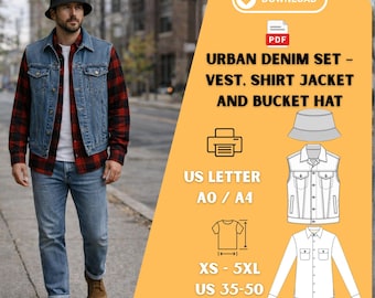 Men’s Urban Denim PDF Pattern Set | Vest, Shirt Jacket & Bucket Hat | XS–5XL Printable