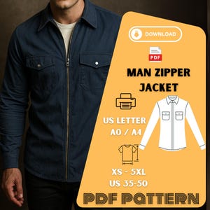 Op de afbeelding: Marineblauwe jas met ritssluiting en twee borstzakken en een wit overhemd eronder. De afbeelding bevat een PDF-patroongrafiek met de tekst "MAN ZIPPER JACKET", maten XS-5XL en US-maten 35-50.