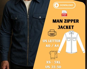 Herren Zip Front Overshirt Schnittmuster PDF:Usety Jacke XS-5XL (A0 US Letter)