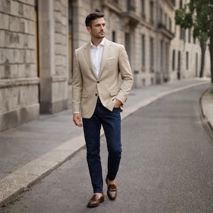 Peut inclure: Un blazer beige avec une chemise blanche et un jean bleu fonc&eacute;. Le blazer a deux boutons et une pochette. Des mocassins en cuir marron compl&egrave;tent la tenue. La personne marche dans une rue de la ville.