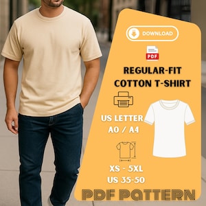 May include: A person wearing a beige regular-fit cotton t-shirt and dark blue jeans. The image includes a graphic with the text "REGULAR-FIT COTTON T-SHIRT" and size information for XS-5XL, US 35-50. The graphic also includes the text "PDF PATTERN".