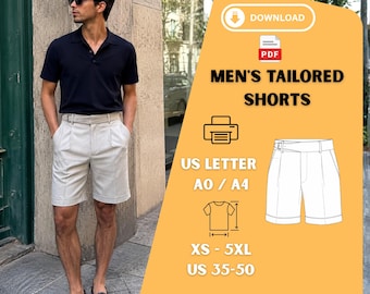 Cartamodello PDF per pantaloncini da uomo su misura, modello plissettato, taglie dalla XS alla 5XL.