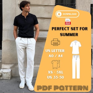 Puede incluir: Un patrón de costura digital en PDF para un conjunto de verano, que incluye un polo negro y pantalones blancos. El gráfico incluye iconos de descarga, impresión y rangos de tallas de XS a 5XL, con formatos US Letter, A0 y A4.