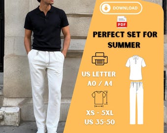 Set di cartamodelli PDF per polo e pantaloni a pieghe da uomo, taglie dalla XS alla 5XL.