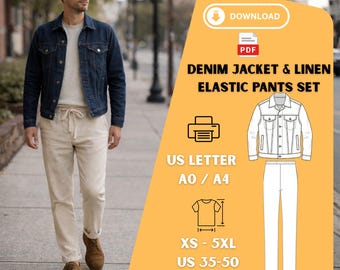 Men’s Denim Jacket & Linen Pants PDF Sewing Pattern | XS–5XL Digital Download Set