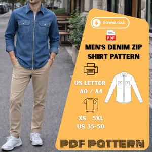 Pode incluir: Um homem vestindo uma camisa jeans azul com zíper e calças cáqui. A imagem inclui um gráfico com o texto "MEN'S DENIM ZIP SHIRT PATTERN", tamanhos XS-5XL e tamanhos US 35-50. O gráfico também inclui um contorno de camisa e as palavras "PDF PATTERN".
