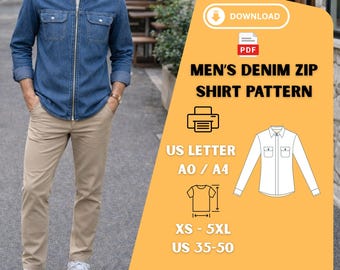 Mens Denim Zip Shirt Sewing Pattern PDF Long Sleeve Casual Jacket XS 5XL