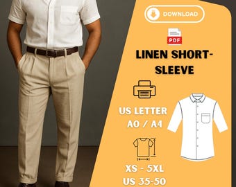 May include: A person wearing a white linen short-sleeve shirt and khaki pants. The image includes a graphic with the text "LINEN SHORT-SLEEVE" and "PDF PATTERN". The pattern is available in sizes XS-5XL and US sizes 35-50.