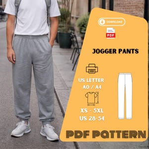May include: A person wearing gray jogger pants and white sneakers. The image includes a PDF pattern for jogger pants, with size details from XS to 5XL and US sizes 28-54. The text "JOGGER PANTS" and "PDF PATTERN" are also visible.