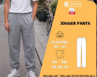 Mens Jogger Pants Sewing Pattern PDF Elastic Waist Sweatpants Lounge XS 5XL
