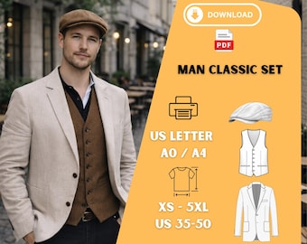 Mens Classic Suit Sewing Pattern PDF Flat Cap Vest Blazer XS 5XL