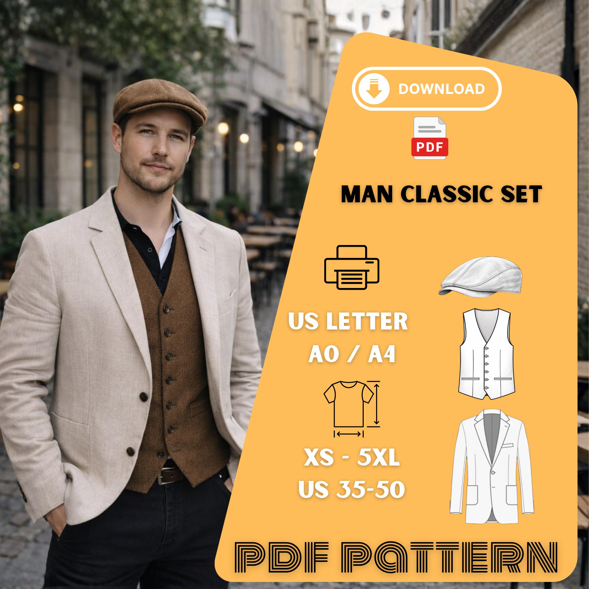 Mens Classic Suit Sewing Pattern PDF Flat Cap Vest Blazer XS 5XL - Etsy