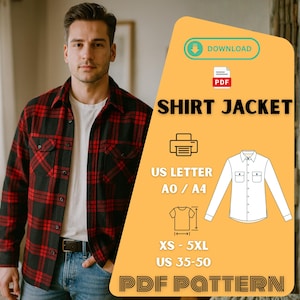 May include: A person wearing a red and black plaid shirt jacket over a white t-shirt. The image includes a graphic with the text "SHIRT JACKET" and "PDF PATTERN". The graphic also shows sizing information, including XS-5XL and US 35-50.