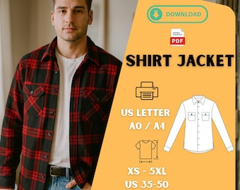 Men’s Shirt Jacket Sewing Pattern PDF – Flannel Overshirt , Sizes XS-5XL, Lumberjack Shirt