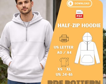 Half Zip Hoodie Sewing Pattern Pdf A4 A0 Us Letter XS Xl