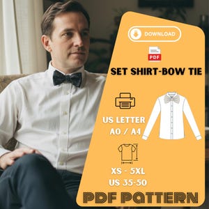Op de afbeelding: Een man draagt een wit overhemd en een zwarte vlinderdas met een patroon. De afbeelding bevat een afbeelding met de tekst "SET SHIRT-BOW TIE" en "PDF PATTERN". De afbeelding toont ook een overhemd- en vlinderdasillustratie.
