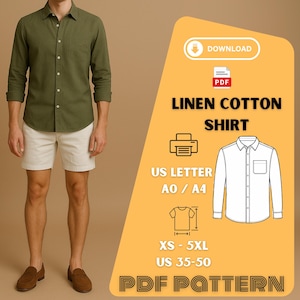 May include: An olive green linen cotton shirt with a button-down design, paired with cream shorts. The image includes a PDF pattern graphic with text: "LINEN COTTON SHIRT", sizes XS-5XL, and US 35-50.