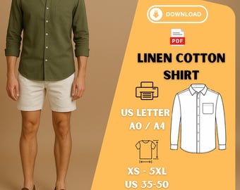 May include: An olive green linen cotton shirt with a button-down design, paired with cream shorts. The image includes a PDF pattern graphic with text: "LINEN COTTON SHIRT", sizes XS-5XL, and US 35-50.