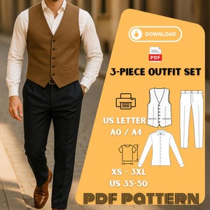 Può includere: Un gilet marrone, una camicia bianca e pantaloni blu navy sono mostrati. L'immagine include anche una grafica di un set di 3 pezzi, con un gilet, una camicia e pantaloni. Il testo sulla grafica dice "3-PIECE OUTFIT SET" e "PDF PATTERN".