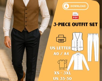 Men’s Vest, Pants and Shirt PDF Sewing Pattern – Printable 3-Piece Outfit XS–3XL