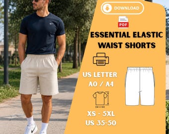 Cartamodello PDF per pantaloncini da uomo con elastico in vita, taglie XS-5XL, vestibilità comoda.