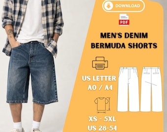 Mens Denim Bermuda Shorts Sewing Pattern PDF XS 5XL US 28 54