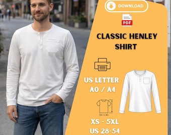 Mens Henley Shirt Sewing Pattern Long Sleeve Casual Pocket Top XS 5XL