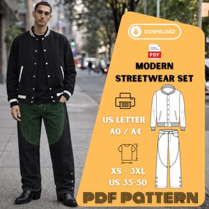Può includere: Una giacca varsity nera con finiture bianche e una t-shirt nera. Il modello indossa jeans verdi e neri. L'immagine include anche un modello PDF per un moderno set streetwear, con il testo "MODERN STREETWEAR SET".