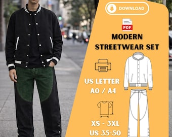 Streetwear Sewing Pattern Set – Varsity Jacket & Wide-Leg Pants PDF | Unisex Modern Fit XS–3XL