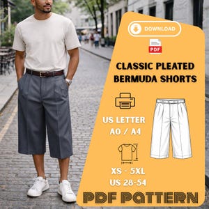 May include: A man wearing a light-colored t-shirt, gray pleated Bermuda shorts, a brown belt, and white sneakers. The image includes a graphic with the text "CLASSIC PLEATED BERMUDA SHORTS" and "PDF PATTERN".
