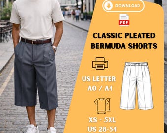 Mens Pleated Bermuda Shorts Sewing Pattern Wide Leg Tailored Knee Length