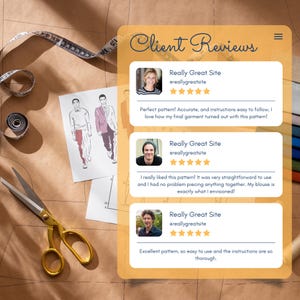Peut inclure: Image sur le th&egrave;me de la couture avec un m&egrave;tre ruban, des ciseaux et un patron. Un &eacute;cran num&eacute;rique affiche des avis clients avec des &eacute;valuations par &eacute;toiles. Le texte indique "Client Reviews" et "Really Great Site".