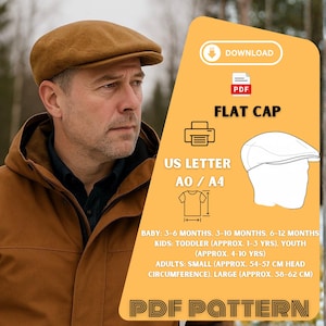 Könnte beinhalten: Ein Mann trägt eine braune Flatcap. Das Bild enthält eine Grafik mit dem Text "FLAT CAP" und Größenangaben für Babys, Kinder und Erwachsene. Das Muster ist in den Größen US Letter und A0/A4 erhältlich.
