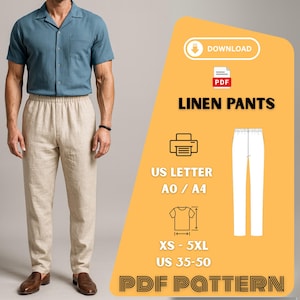 Op de afbeelding: Een persoon draagt een turquoise shirt met korte mouwen en een beige linnen broek. De afbeelding bevat een afbeelding met de tekst "LINEN PANTS", "US LETTER", "XS - 5XL" en "PDF PATTERN".