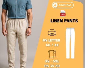 Könnte beinhalten: Eine Person trägt ein türkisfarbenes Kurzarmhemd und eine beigefarbene Leinenhose. Das Bild enthält eine Grafik mit dem Text "LINEN PANTS", "US LETTER", "XS - 5XL" und "PDF PATTERN".