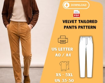 Velvet Tailored Pants Sewing Pattern Slim Fit Mens Trousers PDF