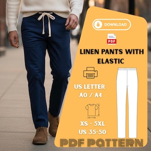 Pode incluir: Calças de linho azul marinho com cós elástico e cordão. A imagem inclui um padrão PDF com o texto "LINEN PANTS WITH ELASTIC". O padrão está disponível nos tamanhos XS-5XL e US 35-50.