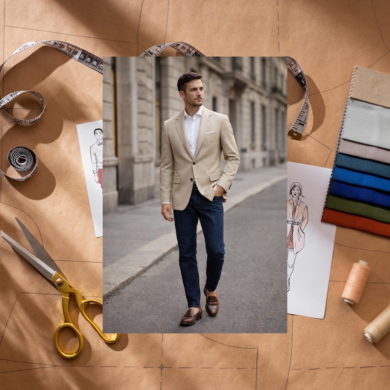 Peut inclure: Un homme porte un blazer beige, une chemise blanche et un jean bleu marine. Des mocassins en cuir marron compl&egrave;tent la tenue. Le fond comprend des outils de couture et des croquis sur papier brun.
